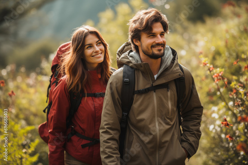 Adventurous young couple with backpacks exploring in spring