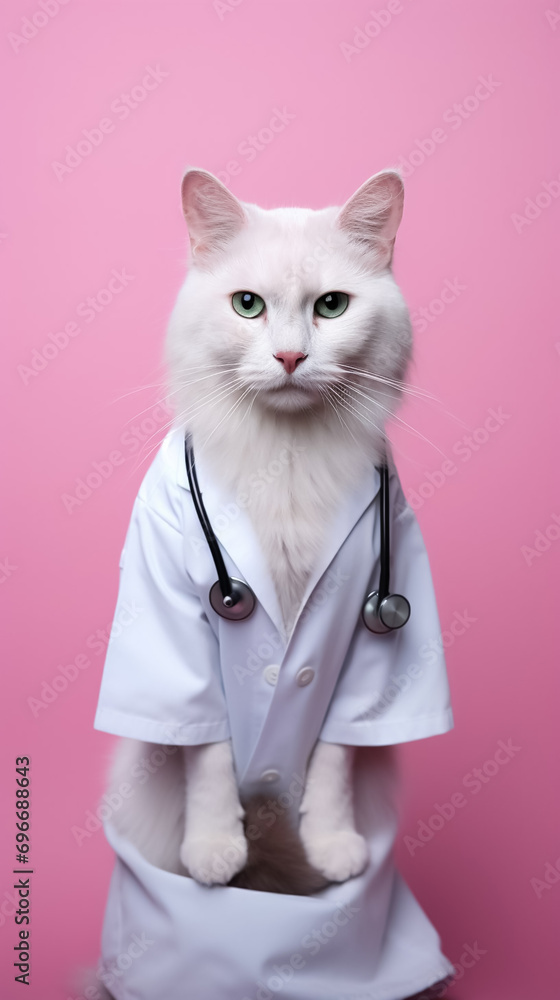 Portrait of a white cat in a white medical coat with stethoscope on pink background. Cat doctor, cat veterinarian. Veterinary medicine. Veterinarian's office. Generative AI Portrait of a white cat in a white medical coat with stethoscope on pink background. Cat doctor, cat veterinarian. Veterinary medicine. Veterinarian's office. Generative AI