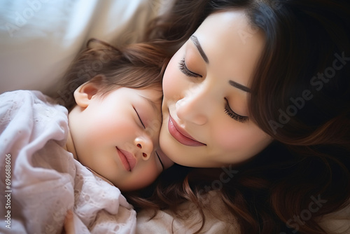 A beautiful young Mother kissing a healthy baby sleeping in bed