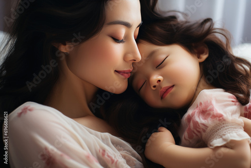 A beautiful young Mother kissing a healthy baby sleeping in bed