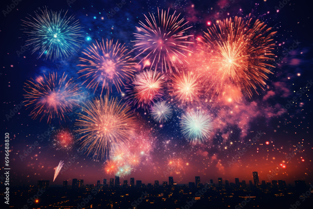 Firework explosion in the night sky celebrating happy new year 2024 Firework explosion in the night sky celebrating happy new year 2024