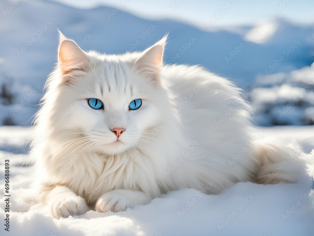 A fluffy, white, blue eyed cat on snow - Generative AI	