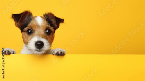 Cute Jack Russell Terrier puppy peeking from behind a yellow wall. Place for text. Mockup. Veterinary medicine. Generative AI
