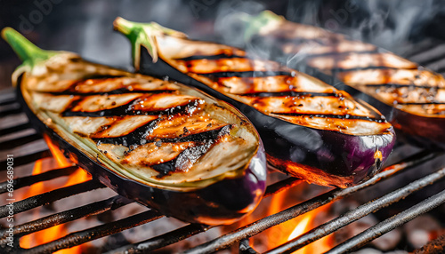 Close-up shot of grilled eggplant sizzling on the grill photo