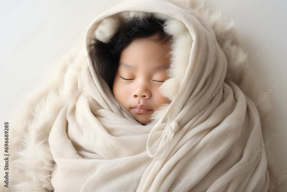 New Asian baby sleeps wrapped in a cream-ruffled blanket in bed New Asian baby sleeps wrapped in a cream-ruffled blanket in bed