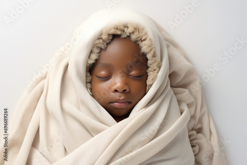 Little child american african sleeping in a cream blanket in bed