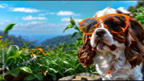 A brown and white dog wearing sunglasses poses in front of a background of blue sky and green leaves.
 photo