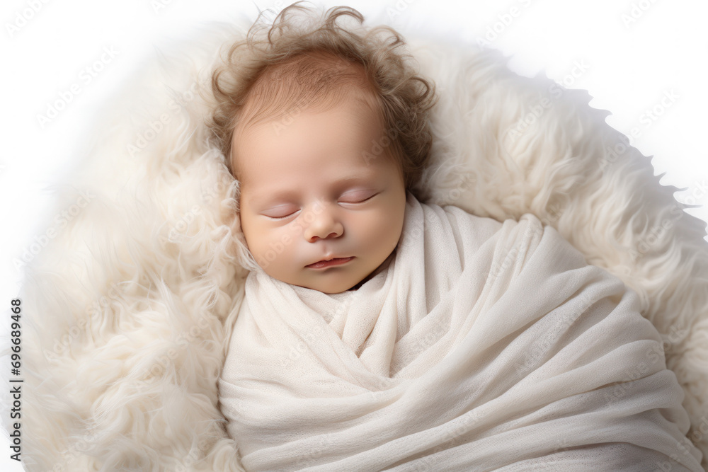 Newborn Baby sleeping over Fluffy Cream Blanket. Cute New Born Kid relax. Newborn Baby sleeping over Fluffy Cream Blanket. Cute New Born Kid relax.