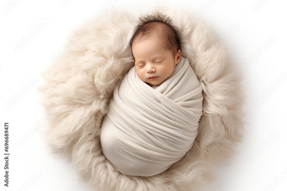 Newborn Baby sleeping over Fluffy Cream Blanket. Cute New Born Kid relax. Newborn Baby sleeping over Fluffy Cream Blanket. Cute New Born Kid relax.