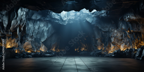 Fantasy cave entrance. Big empty cave with light from top for product display, showroom. photo