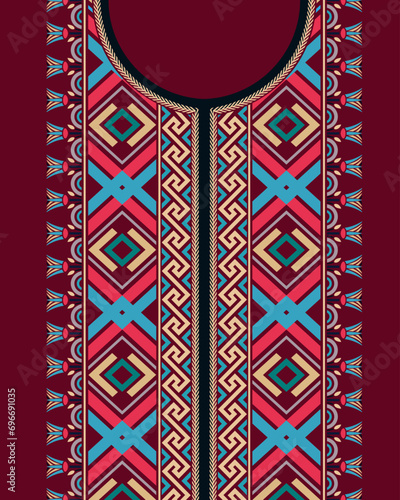 A colorful neck embroidered design in a retro style with Greek Fret patterns, geometric shapes, and Egyptian lotus. Suitable for kaftan dress, kurta, kurti, robe, tunic, blouse, and U-neck shirt.