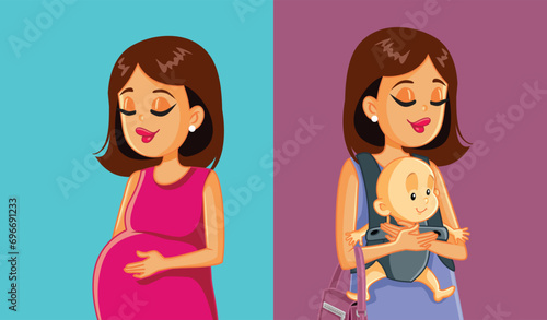 New Mom Before and After Pregnancy vector Cartoon Illustration. Woman showing her baby bump latter holding her newborn baby 
