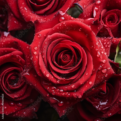 stunning close-up shot of a lush bouquet of freshly picked red roses with water droplets