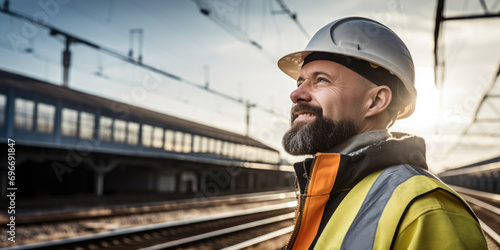 Close-up of construction worker with safety west and safety helmet going to work