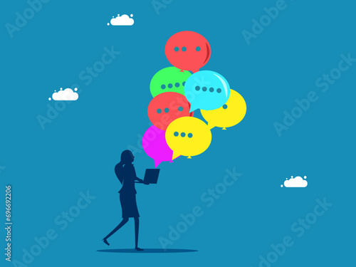 Send messages or ideas online. woman opens speech bubble with laptop. Vector illustration