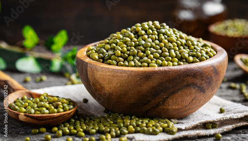 Close-up mung beans .Green mung beans in a wooden bowl on an old table photo