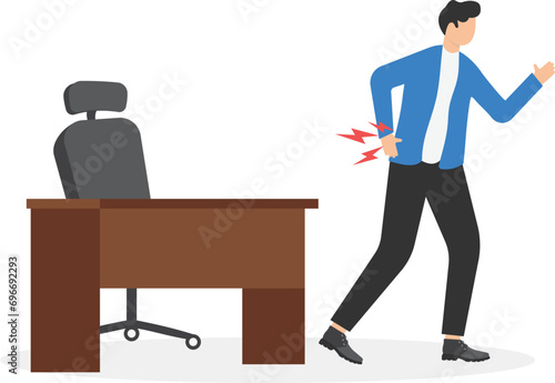 Office syndrome, back pain, sitting and working too long causing back ache or inflammation of neck, shoulder and back muscles concept, painful office worker holding his back pain with the office chair