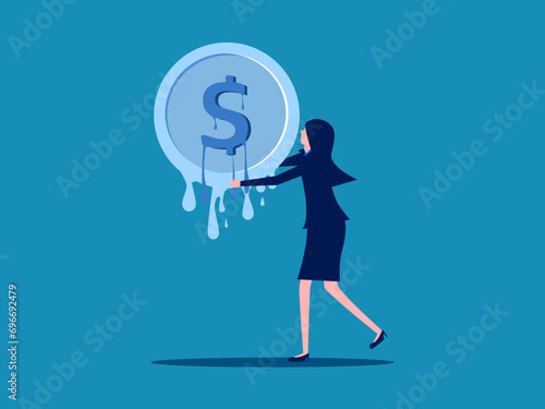 Inflation. Businesswoman holds melting coins. vector illustration