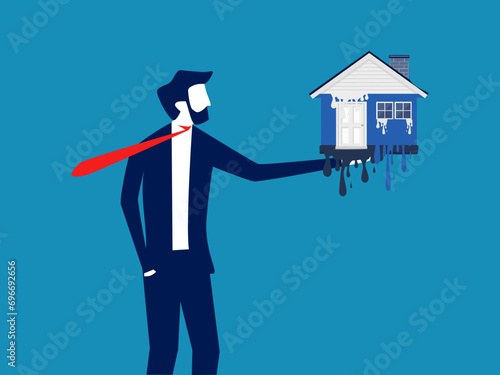 Real estate depreciates. Businessman holding a melted house. vector illustration photo
