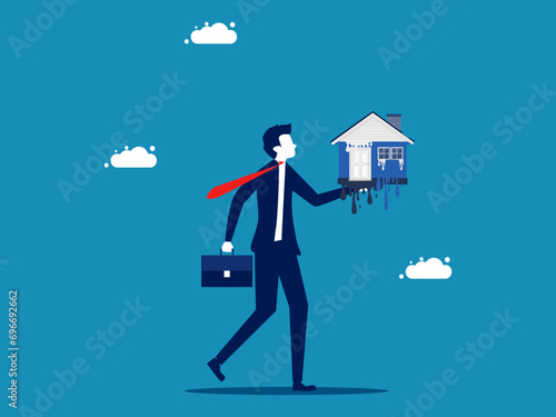 house depreciates. Businessman holding a melted house. vector illustration