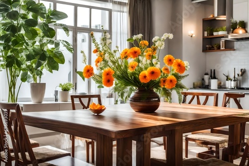 wooden dining table with flowers in vase.