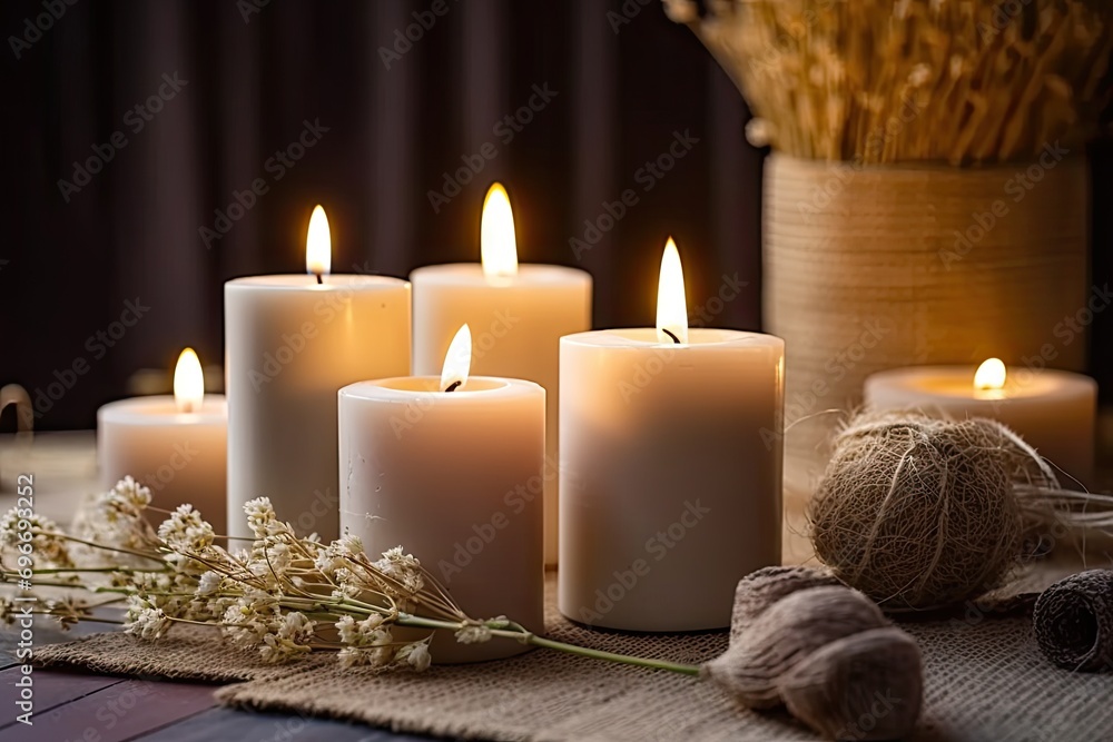 Soft glow of candles transforms space into haven of relaxation. Wooden table adorned with array of flickering candles creates atmosphere of warmth and serenity. Gentle flames cast golden light casting Soft glow of candles transforms space into haven of relaxation. Wooden table adorned with array of flickering candles creates atmosphere of warmth and serenity. Gentle flames cast golden light casting