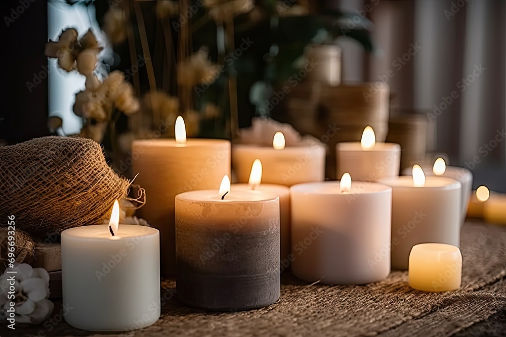 Soft glow of candles transforms space into haven of relaxation. Wooden table adorned with array of flickering candles creates atmosphere of warmth and serenity. Gentle flames cast golden light casting Soft glow of candles transforms space into haven of relaxation. Wooden table adorned with array of flickering candles creates atmosphere of warmth and serenity. Gentle flames cast golden light casting