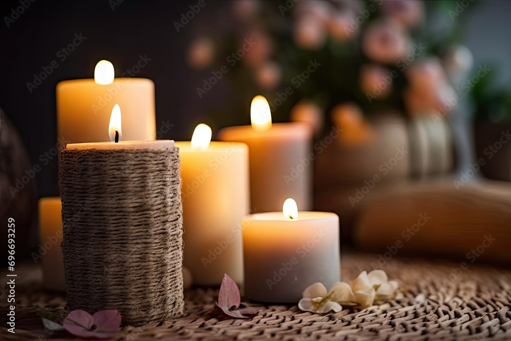 Soft glow of candles transforms space into haven of relaxation. Wooden table adorned with array of flickering candles creates atmosphere of warmth and serenity. Gentle flames cast golden light casting Soft glow of candles transforms space into haven of relaxation. Wooden table adorned with array of flickering candles creates atmosphere of warmth and serenity. Gentle flames cast golden light casting