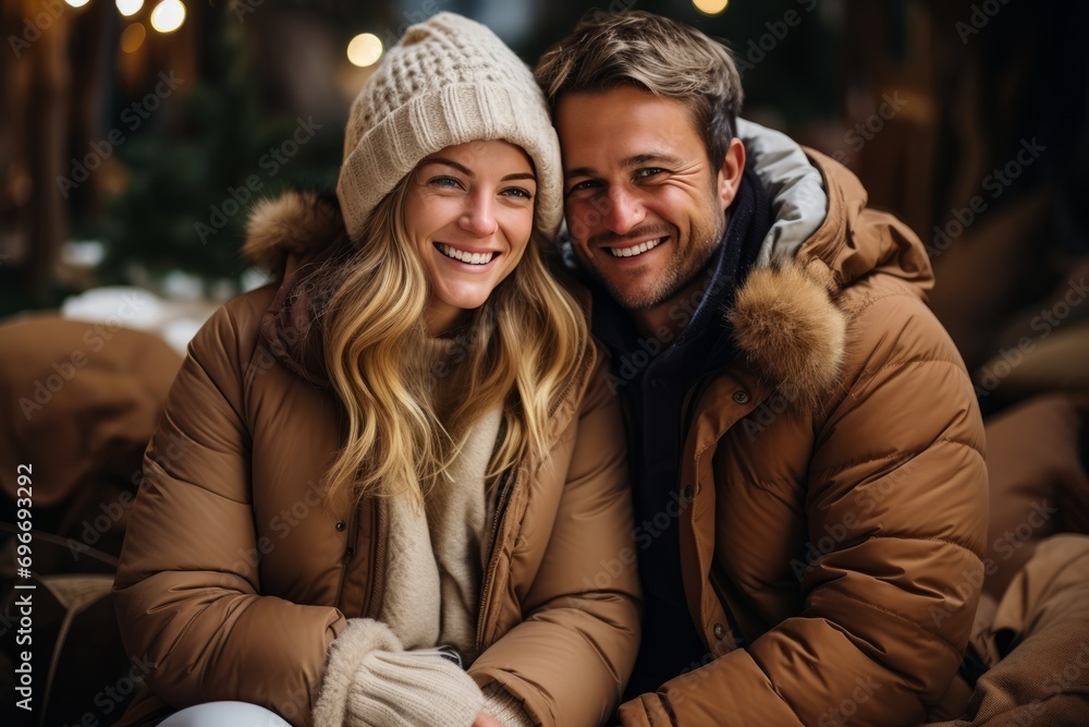 Portrait of young beautiful Caucasian couple in winter outwear against the backdrop of snowy forest or park. Cheerful smiling man and woman spending Christmas vacation together.