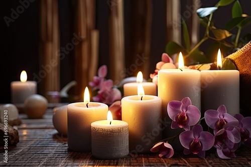 Soft glow of candles transforms space into haven of relaxation. Wooden table adorned with array of flickering candles creates atmosphere of warmth and serenity. Gentle flames cast golden light casting