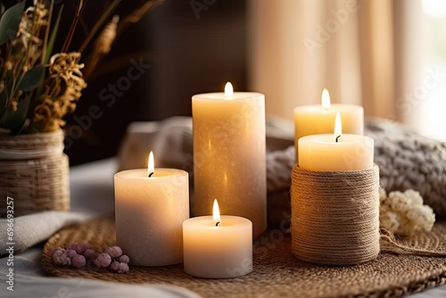 Soft glow of candles transforms space into haven of relaxation. Wooden table adorned with array of flickering candles creates atmosphere of warmth and serenity. Gentle flames cast golden light casting