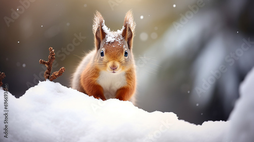 adorable red squirrel in winter snow with blurred background