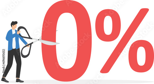 Government , Central Bank, Federal Reserve, FED cut interest rates to be negative interest rates for economic stimulus in the Coronavirus pandemic concept, businessman cut number 0 percent with his sc