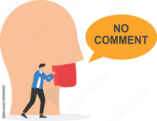 No comments concept, Ban of opinion, Businessman sealing giant's head mouth with tape, concept of business, politics, challenge, forbiddance in social media

