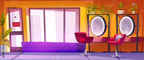 Beauty salon interior with armchair and mirror with table and drawer, sofa and green plants in pots, glass door and window. Cartoon vector illustration of empty hairdresser workplace room.