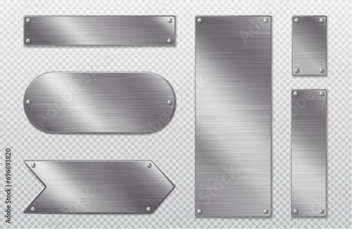 Stainless steel tags with blank metal surface isolated on transparent background. Vector realistic illustration of game menu, arrow sign, nameplate ui frames, shiny buttons, glossy blank badges