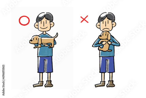 犬の抱き方のシンプルな人物イラスト