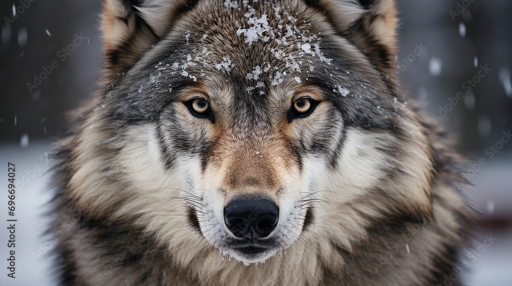 Fototapeta premium grey wolf canis lupus posrtrait in snowfall