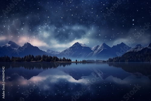 広大な山々と湖の上空に広がる輝く星々