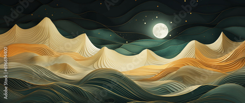 dream background with moon over mountains, dark sky, stars, cut paper, golden lines waves, elegant drawing, yellow, blue, beige, green, soft, imaginary magic dream fantasy, fairy tale, landscape
