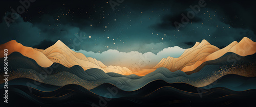 Dreamlike background with mountains, sky, stars, clouds, golden lines, elegant drawing, yellow, blue, beige, cut paper, soft, sleep, imaginary magic dream fantasy, fairy tale, vintage landscape