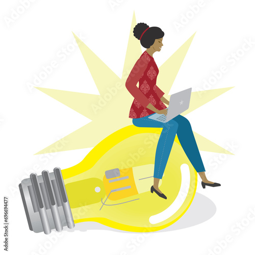 Woman with laptop sitting on lightbulb and gets shiny idea. Isolated. Vector illustration.
