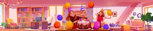 Birthday celebration with friends or family at home. Cartoon vector panoramic house room interior with two women congratulating man with b-day with cake with candle, balloons and confetti.