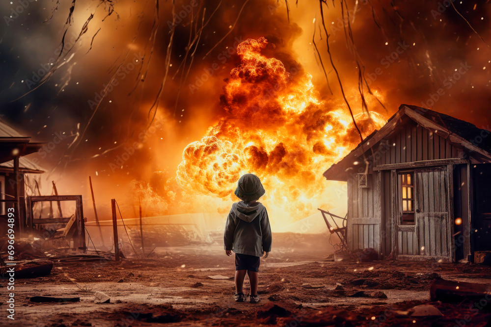 A small child against the background of an explosion and fire. War. A child looks at the fire and destruction of his house. A small child against the background of an explosion and fire. War. A child looks at the fire and destruction of his house.