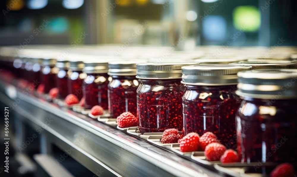 A Colorful Array of Raspberry-Filled Jars on a Moving Conveyor Belt A Colorful Array of Raspberry-Filled Jars on a Moving Conveyor Belt