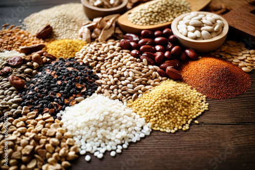 Various groats legumes, grains. Many types of cereals collected together. Agriculture and healthy eating concept. Close-up. Selective focus. photo