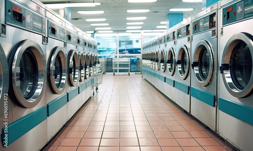 A Line of Modern Washing Machines in a Spacious Laundry Room photo