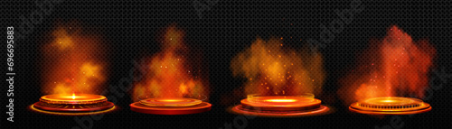 Futuristic podium with orange light portal effect isolated on transparent background. Vector realistic illustration of sci-fi game teleport with hot smoke, shimmering particles, alien space platform