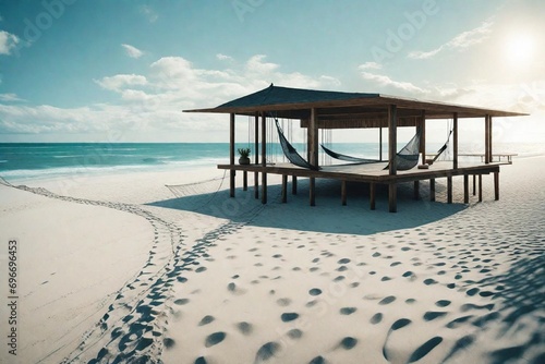  Beautiful beach. Chairs on the sandy beach near the sea. Summer holiday and vacation concept for tourism. Inspirational tropical landscape