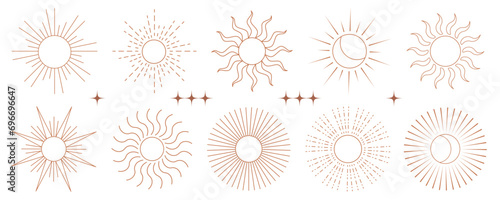Boho sun vector logo. Outline bohemian moon with rays. Minimal magic abstract outline illustration. Yoga and astrology symbols set. Celestial tribal illustration